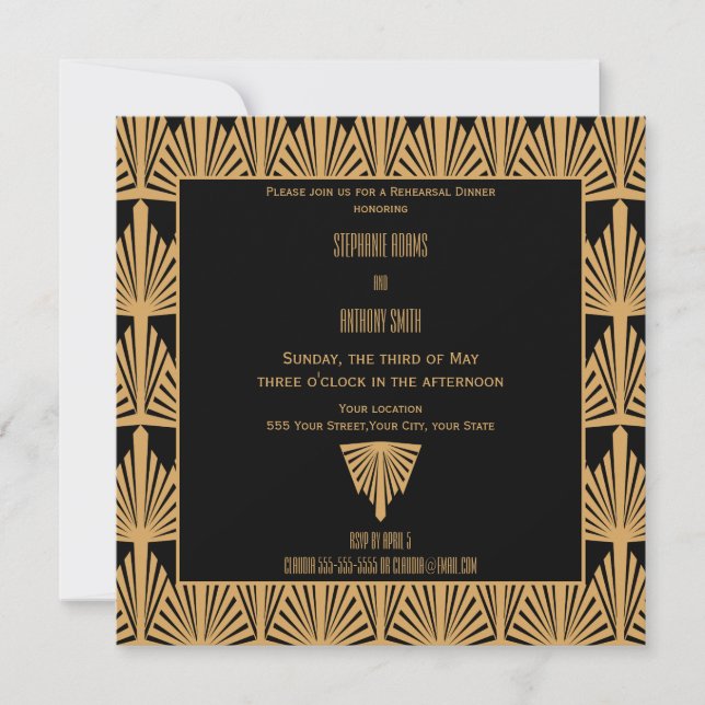 Gold and Black Art Deco Pattern Rehearsal Dinner Invitation (Front)