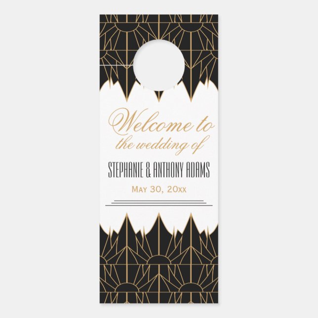 Gold and Black Art Deco Pattern Wedding Door Hanger (Front)