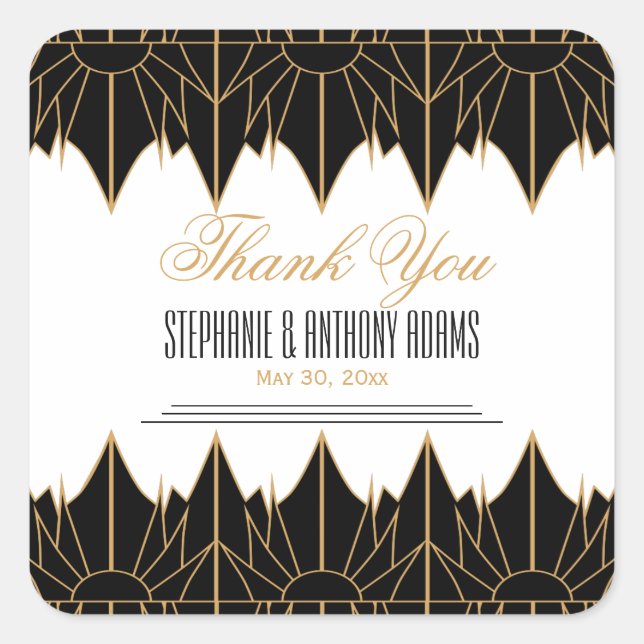 Gold and Black Art Deco Pattern Wedding Square Sticker (Front)