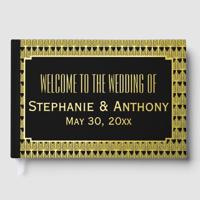 Gold and Black Art Deco Pattern Wedding Thank You Guest Book (Front)