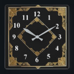 Gold and Black Art Deco Square Diamond Frame Square Wall Clock<br><div class="desc">"art deco clock",  "art nouveau clock",  "gold and black",  "1920s square and diamond",  "stylish sophisticated 1920 style",  "faux golden",  "retro vintage antique",   "elegant pattern design",  "square clock",  "old fashioned fancy"</div>