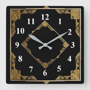 Gold and Black Art Deco Square Diamond Frame Wall Clock