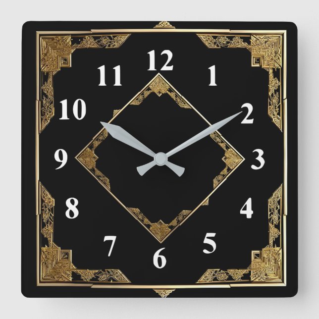 Gold and Black Art Deco Square Diamond Frame Wall Clock (Front)
