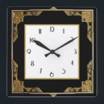 Gold and Black Art Deco Square Frame Square Wall Clock<br><div class="desc">"art deco clock",  "art nouveau clock",  "gold and black",  "1920s square",  "stylish sophisticated 1920 style",  "faux golden",  "retro vintage antique",   "elegant pattern design",  "square clock",  "old fashioned fancy"</div>