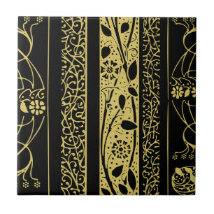 Gold and Black Art Deco Vintage Floral Stripes Tile