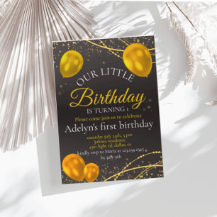 "Gold and Black Baby First Birthday" invitation