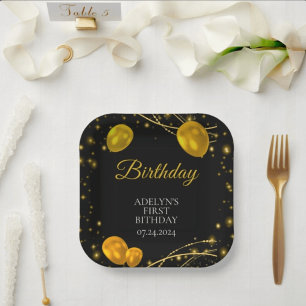 "Gold and Black Baby First Birthday" Paper Plate