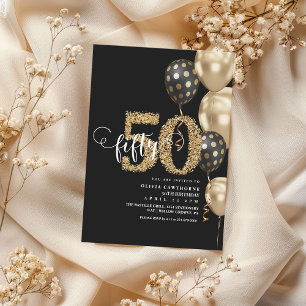 Gold and black Balloon 50th Birthday  Invitation