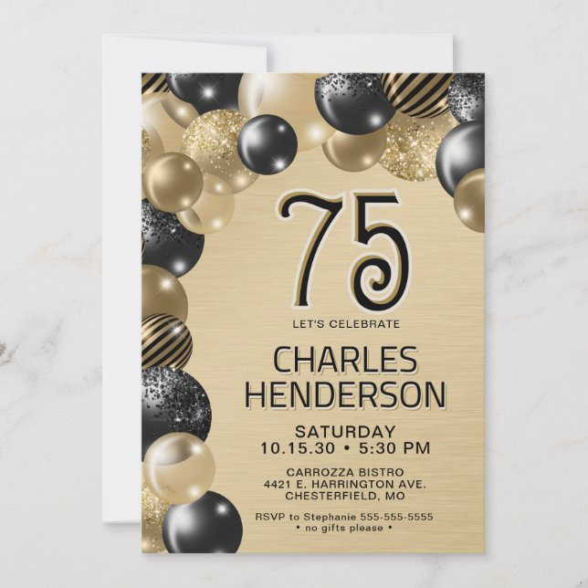 Gold and Black Balloons 75th Birthday Invitation (Front)