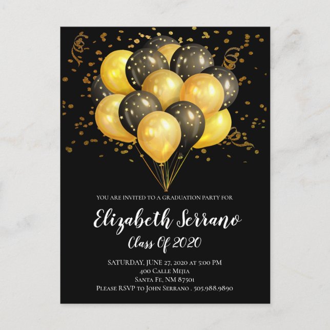 Gold And black Balloons Gold Confetti On BlackGrad Invitation Postcard (Front)