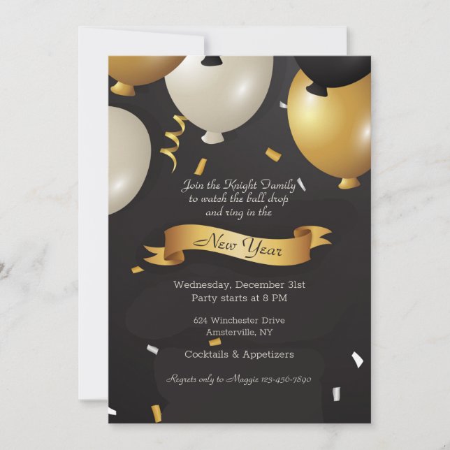 Gold and Black Balloons New Year's Eve Party Invitation (Front)