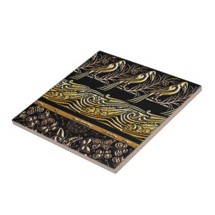 gold and black Birds fish Butterfly art pattern Tile