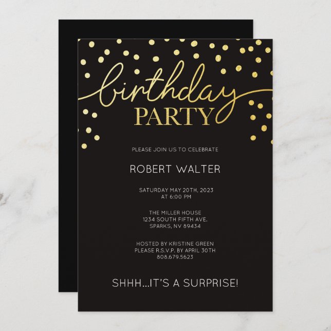 Gold And Black Birthday Party Invitation (Front/Back)