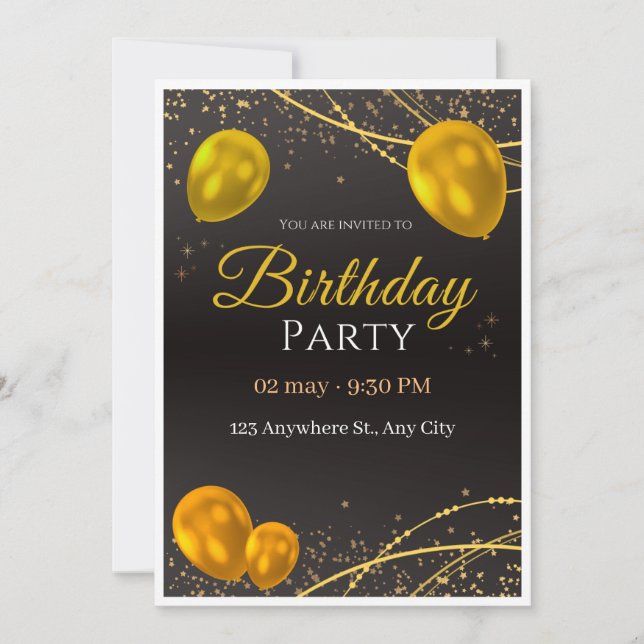 Gold And Black Birthday Party Invitation  (Front)