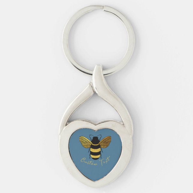 GOLD AND BLACK BUMBLE BEE ON BLUE WITH SCRIPT TEXT KEY RING (Front)