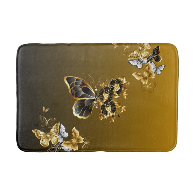 Gold and Black Butterfly Floral Art Bath Mat (Front)