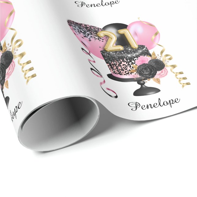 Gold and Black Cake 21st Birthday Name Wrapping Paper (Roll Corner)