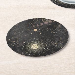 Gold and Black Celestial Bodies Round Paper Coaster