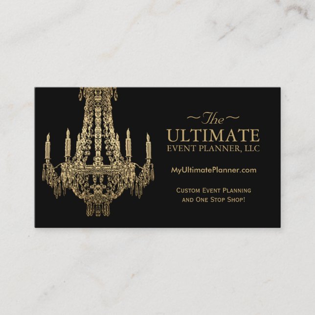 Gold and Black Chandelier Business Cards (Front)