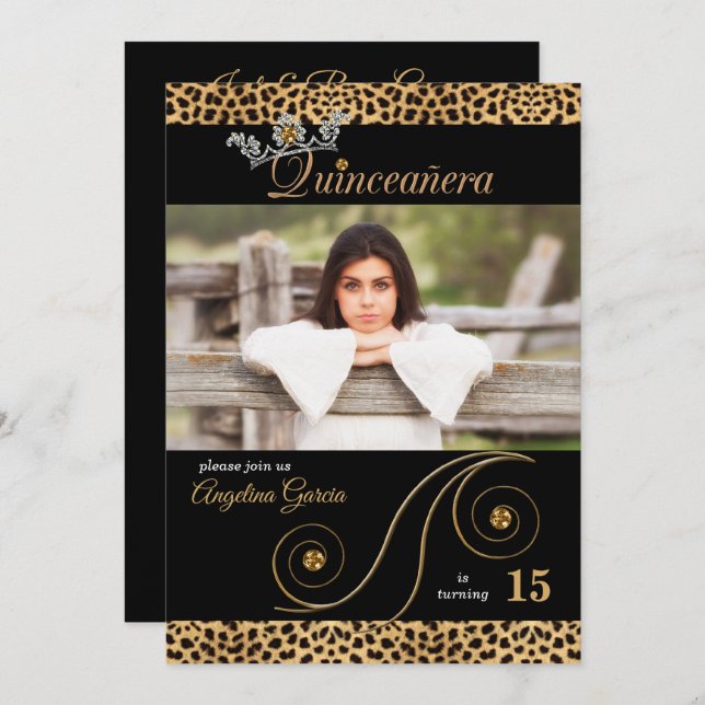 Gold and Black Cheetah Print Quinceanera Party Invitation (Front/Back)