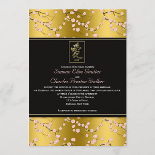 Gold and Black Cherry Blossoms Wedding Invitation