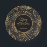 Gold and Black Christmas Floral Paper Plate<br><div class="desc">Gold poinsettias,  holly leaves and berries on a black background,  these paper plates feature your greeting and name in chic gold lettering. Available in 2 sizes. MATCHING items in our collection.</div>