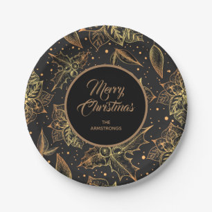 Gold and Black Christmas Floral Paper Plate