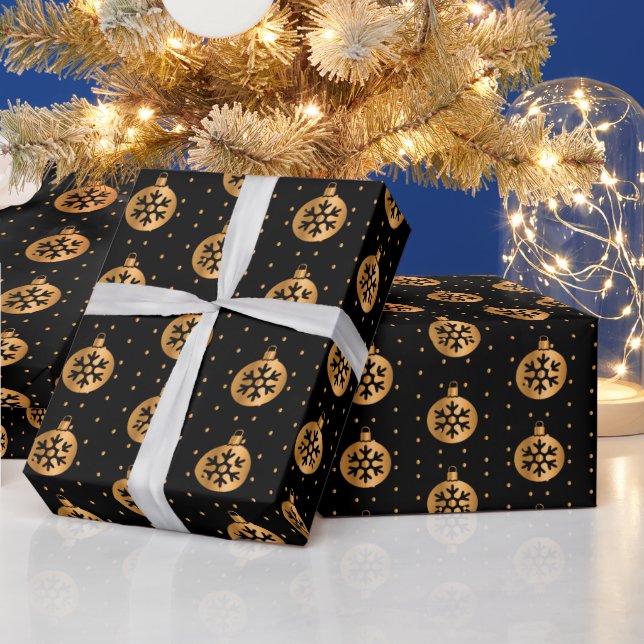 Gold and Black Christmas Ornaments Wrapping Paper (Holidays)