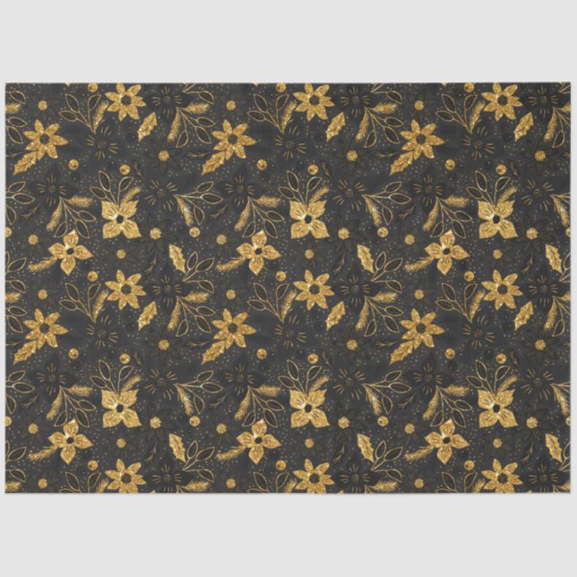 Gold and Black Christmas Poinsettia Flowers Tissue Paper (Front)