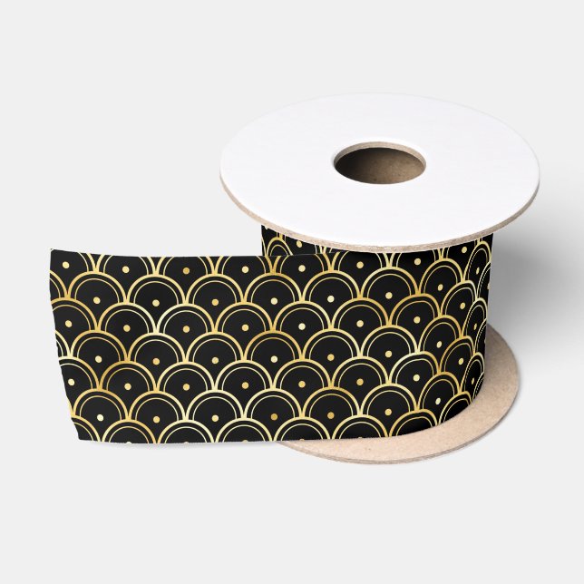 Gold and Black Circles Art Deco Pattern Satin Ribbon (Spool)