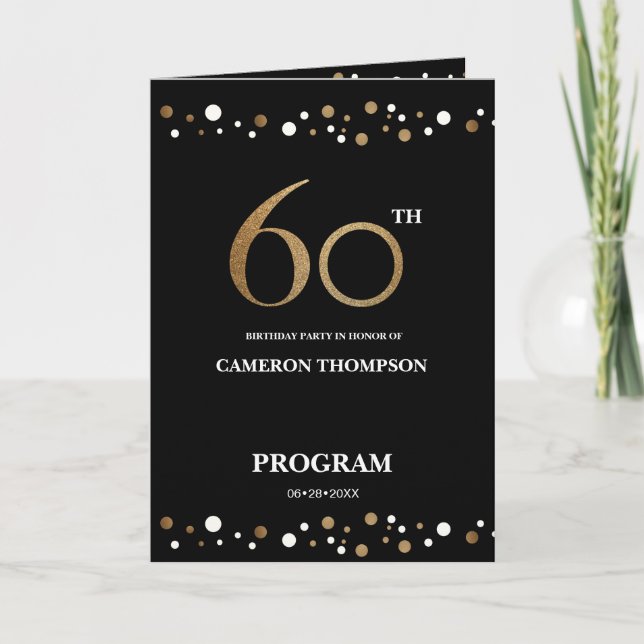 Gold and Black confetti 60th birthday program Programme (Front)