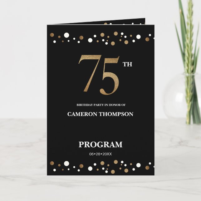 Gold and Black confetti 75th birthday program Programme (Front)