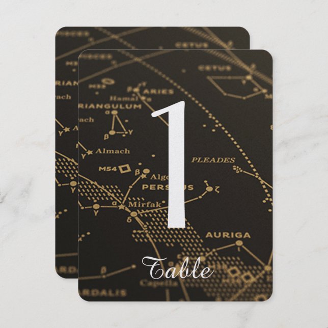 Gold and Black Constellation Wedding Table Number (Front/Back)