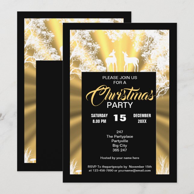 Gold and black country woodland Christmas party Invitation (Front/Back)