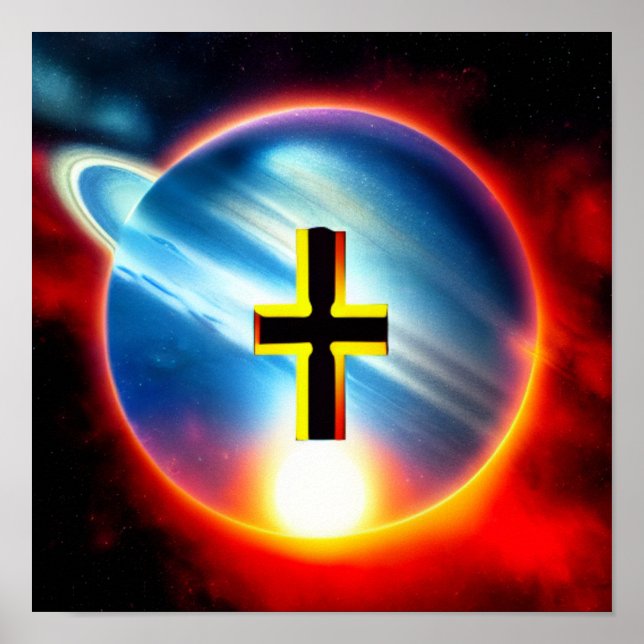 Gold and Black Cross on Ring Planet Poster (Front)