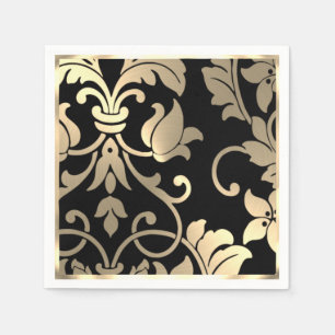 Gold and Black Damask Paper Napkins