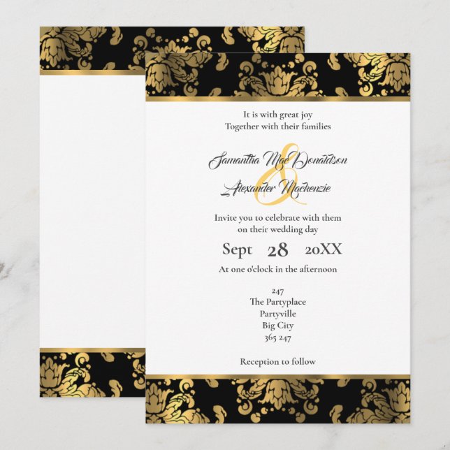 Gold and black damask wedding invitation (Front/Back)