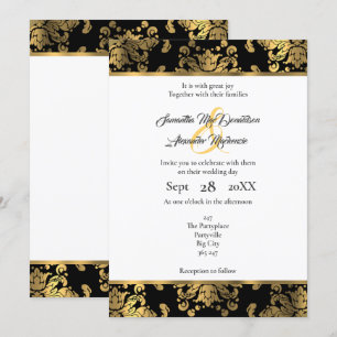Gold and black damask wedding invitation
