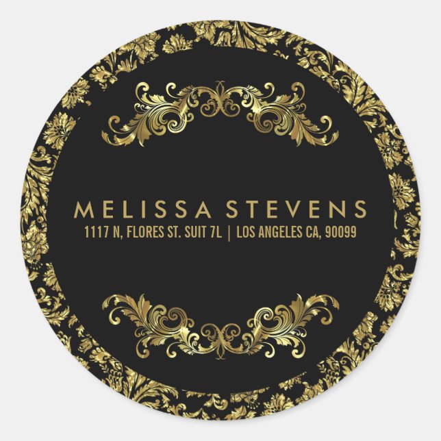 Gold And Black Damasks And Floral Frame Classic Round Sticker (Front)