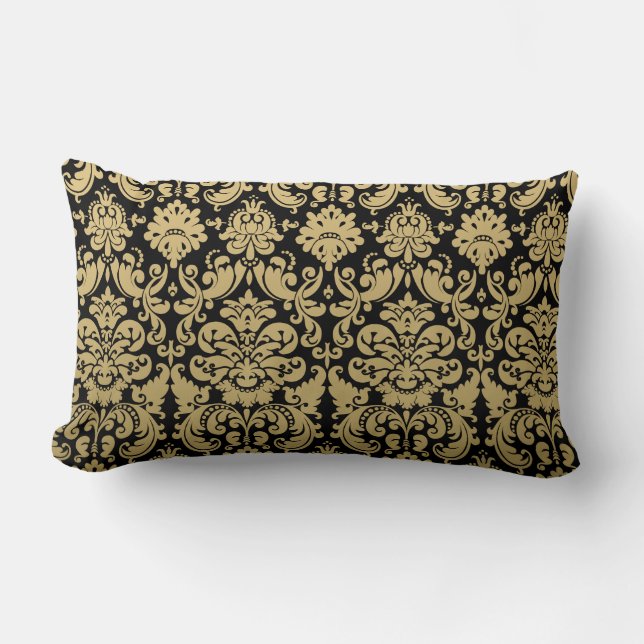 Gold and Black Elegant Damask Pattern Lumbar Cushion (Front)