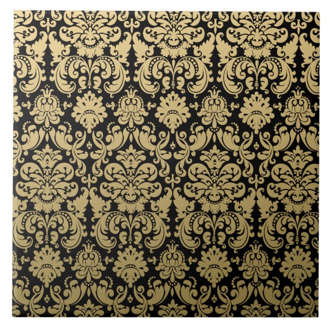 Gold and Black Elegant Damask Pattern Tile (Front)