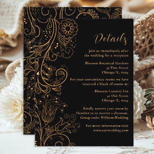 Gold and Black Elegant Floral Wedding Details Enclosure Card