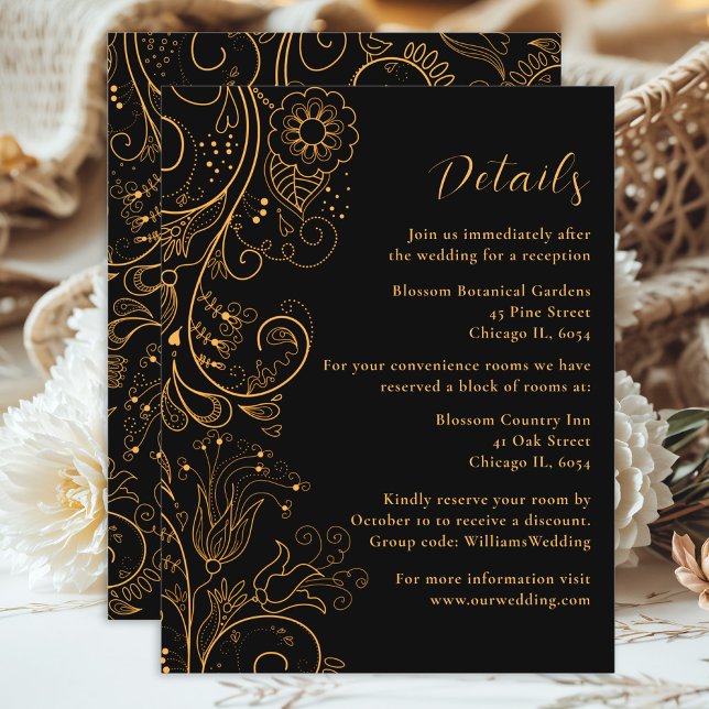 Gold and Black Elegant Floral Wedding Details Enclosure Card (Creator Uploaded)