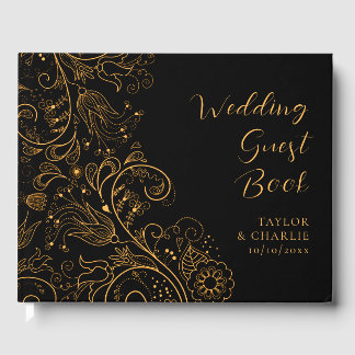 Gold and Black Elegant Floral Wedding Guest Book