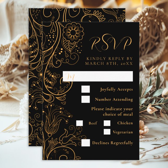 Gold and Black Elegant Floral Wedding Meal Choice RSVP Card (Creator Uploaded)