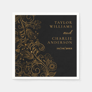 Gold and Black Elegant Floral Wedding Napkin