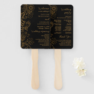 Gold and Black Elegant Floral Wedding Program Hand Fan