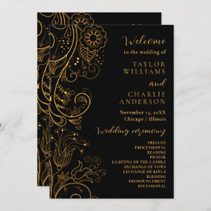 Gold and Black Elegant Floral Wedding Program Programme