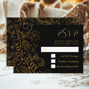 Gold and Black Elegant Floral Wedding RSVP Card