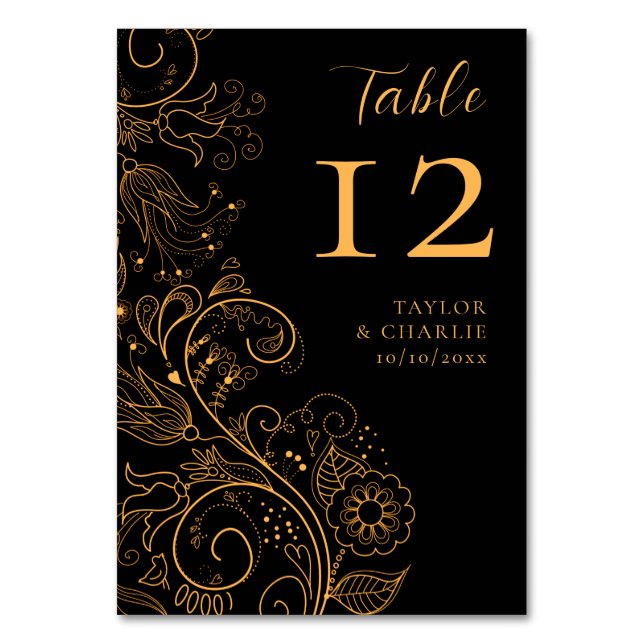 Gold and Black Elegant Floral Wedding Table Number (Back)